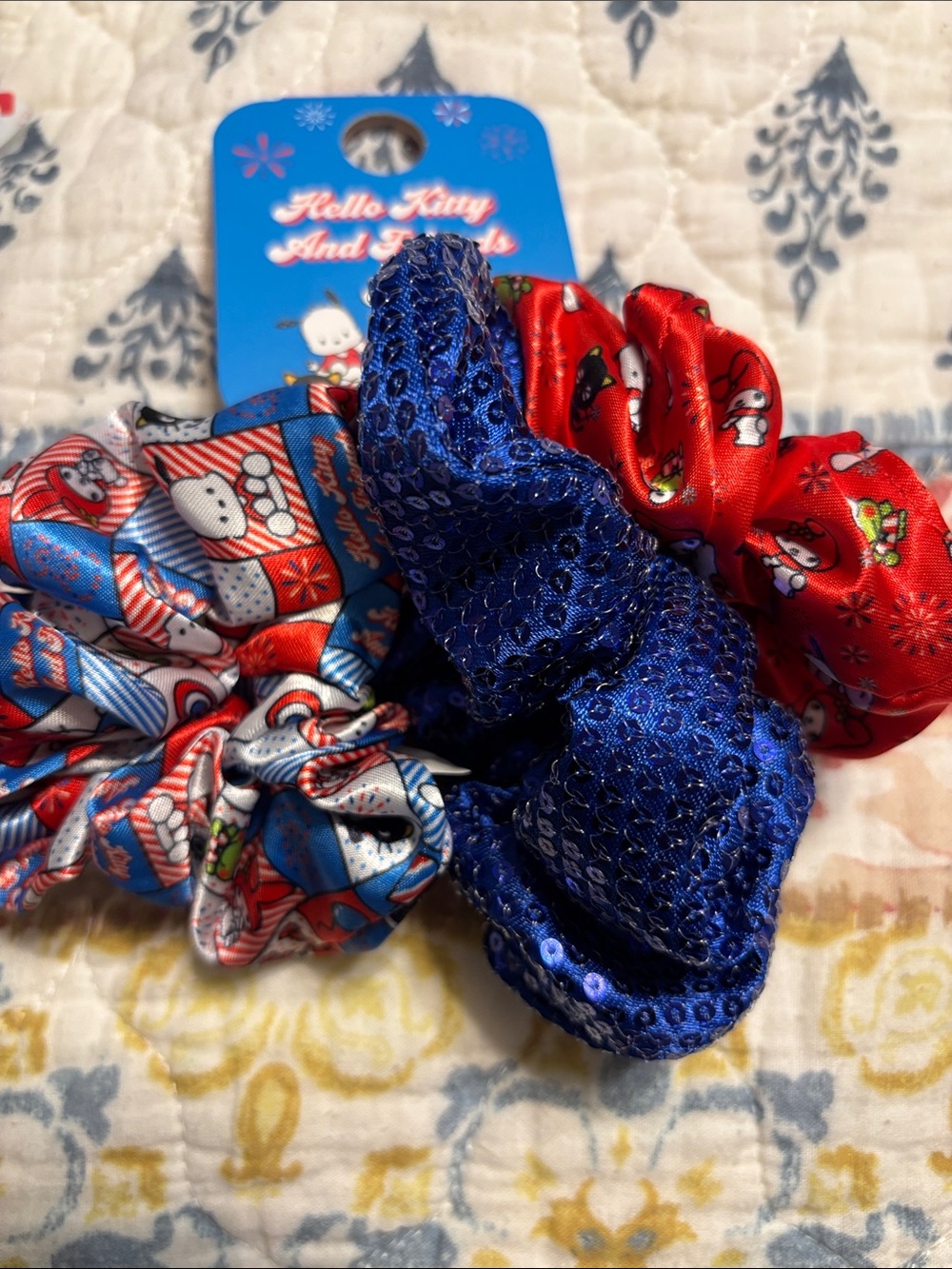 Hello Kitty Red, Blue & Silver Holiday Scrunchie Trio